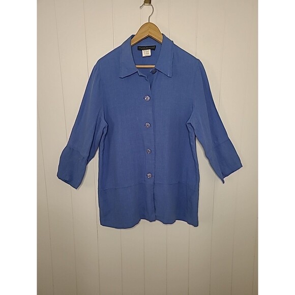 Womens  Linen Top Sz Medium Blue Lagenlook Button Up Summer Coastal Minimalist - Picture 2 of 10